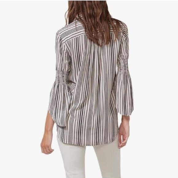Halston Heritage Smocked Detail Bell Sleeve Striped Button Up Blouse Top XS - Picture 4 of 14